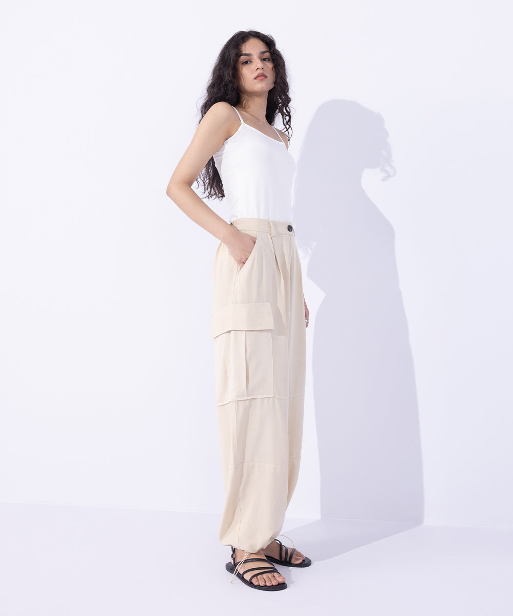 Women's Western Wear Beige Flowy Cargo Pants With Adjustable Hem.