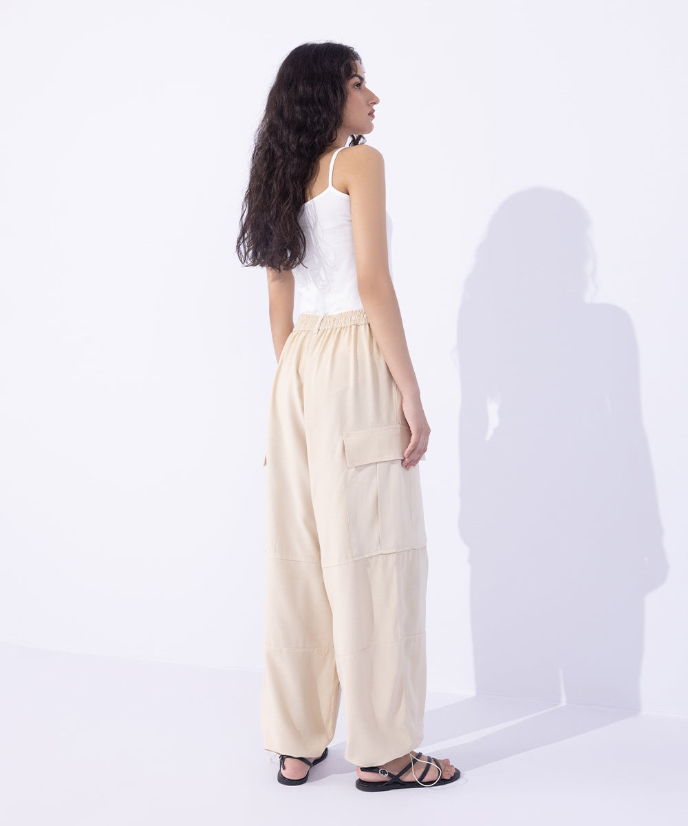 Women's Western Wear Beige Flowy Cargo Pants With Adjustable Hem.