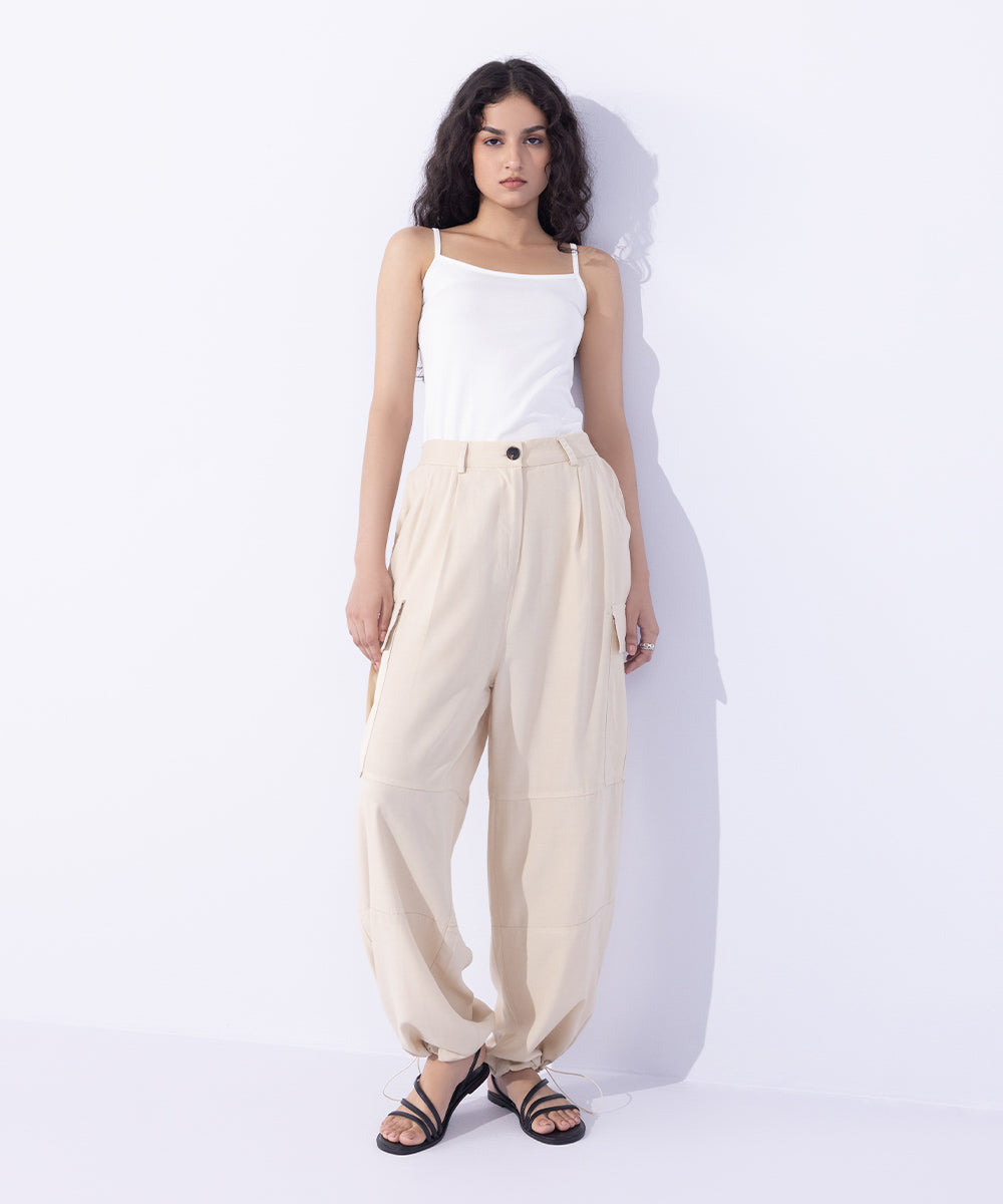 Women's Western Wear Beige Flowy Cargo Pants With Adjustable Hem.