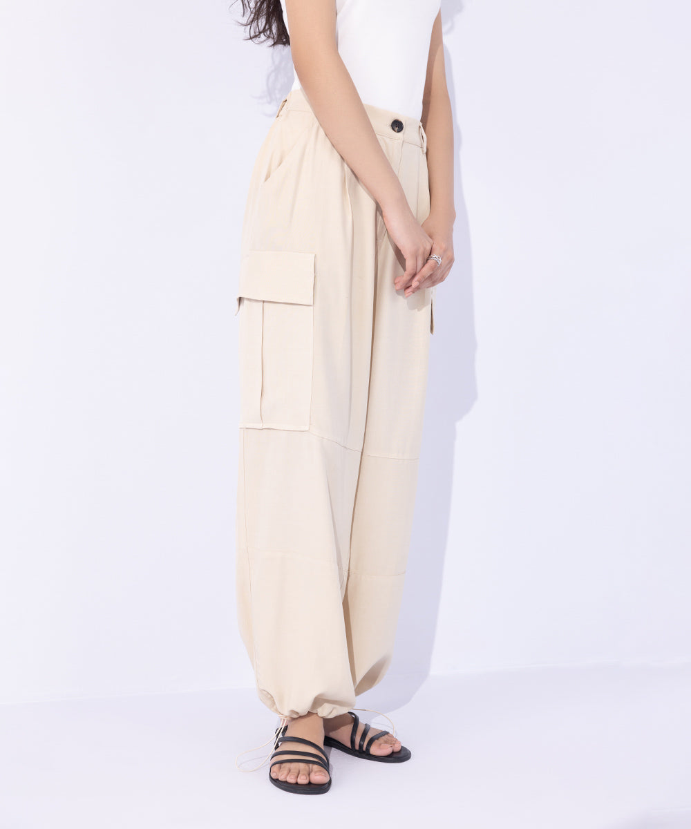 Women's Western Wear Beige Flowy Cargo Pants With Adjustable Hem.