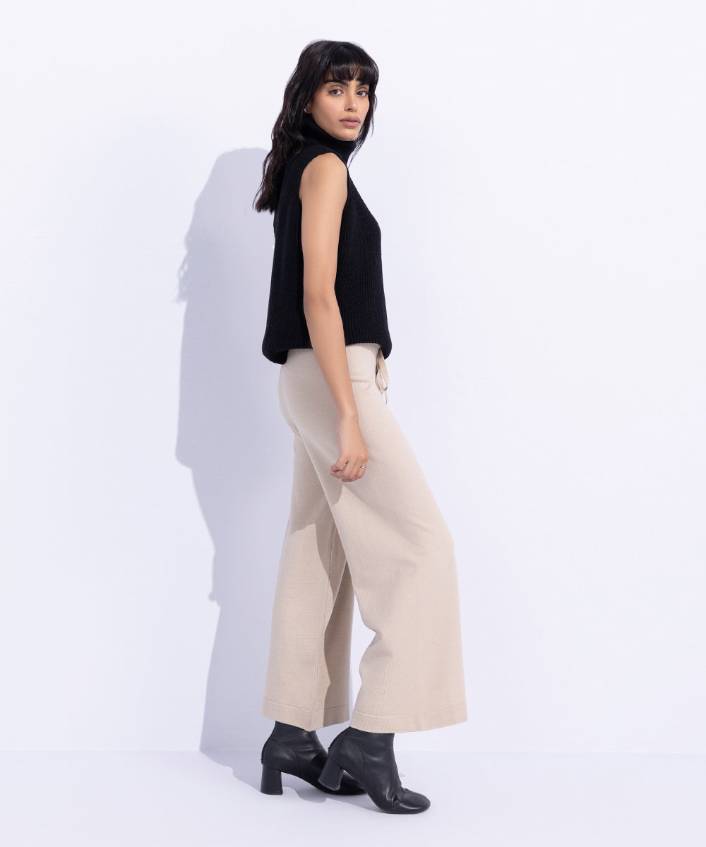 Women's Western Wear Beige Knitted Culotte Trousers