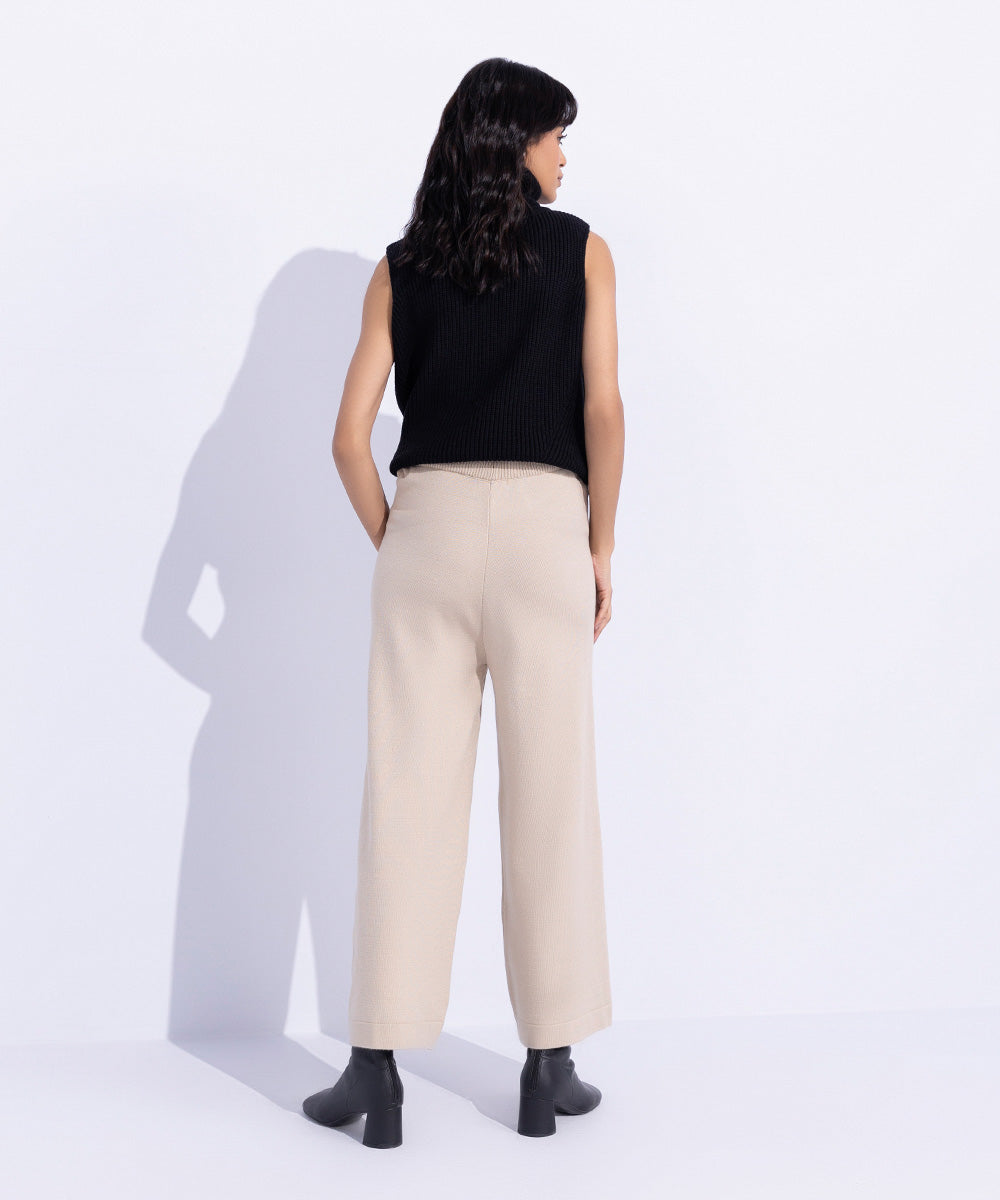 Women's Western Wear Beige Knitted Culotte Trousers