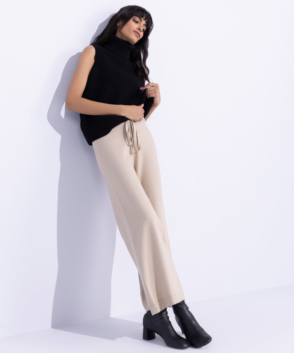 Women's Western Wear Beige Knitted Culotte Trousers