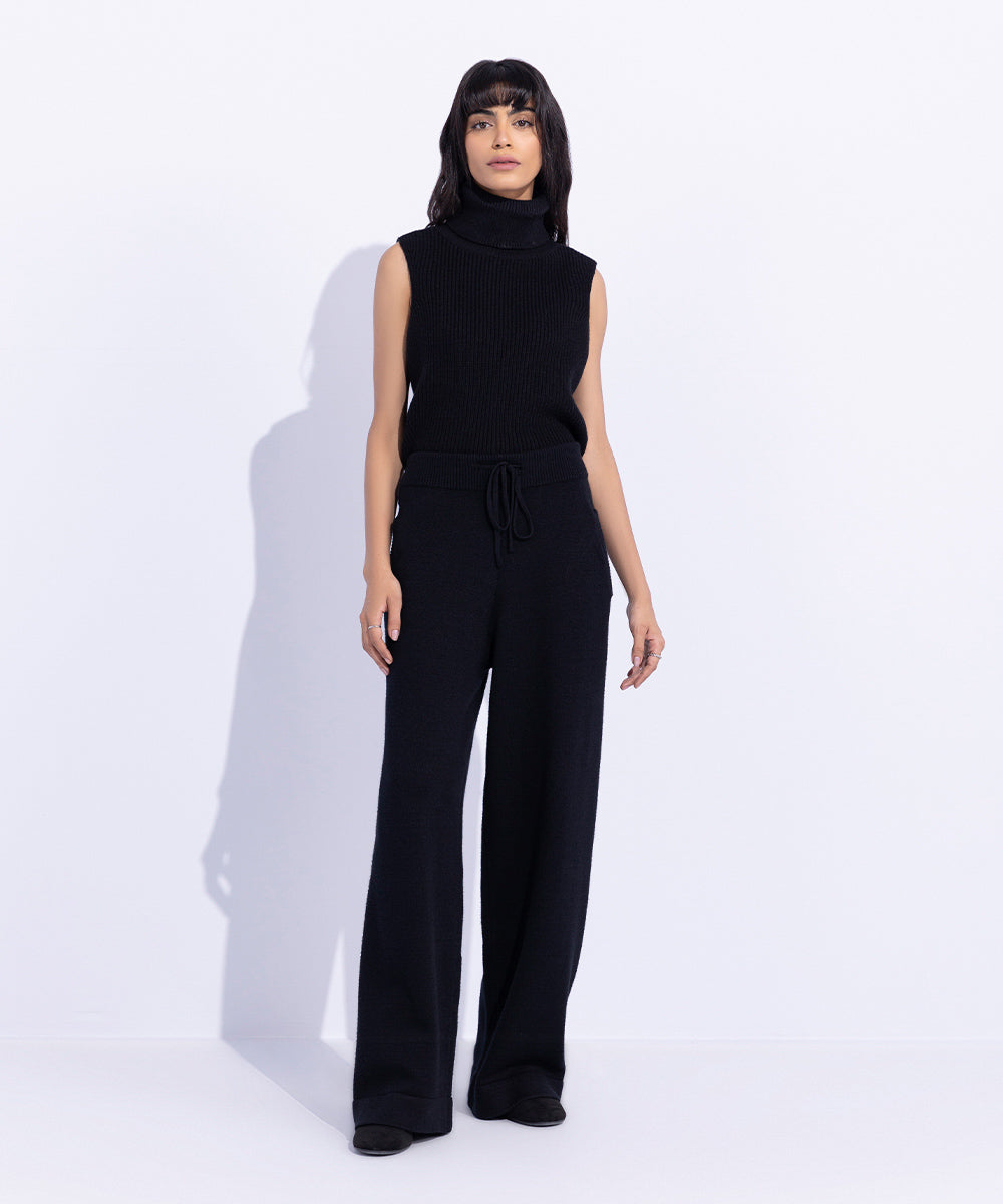 Women's Western Wear Black Long Knitted Trousers With Pockets