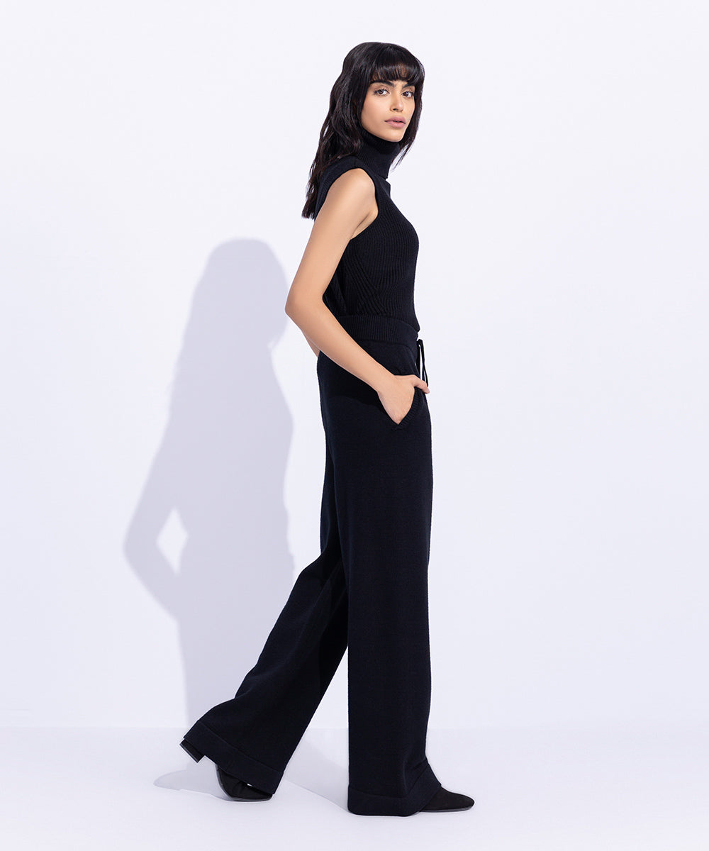 Women's Western Wear Black Long Knitted Trousers With Pockets