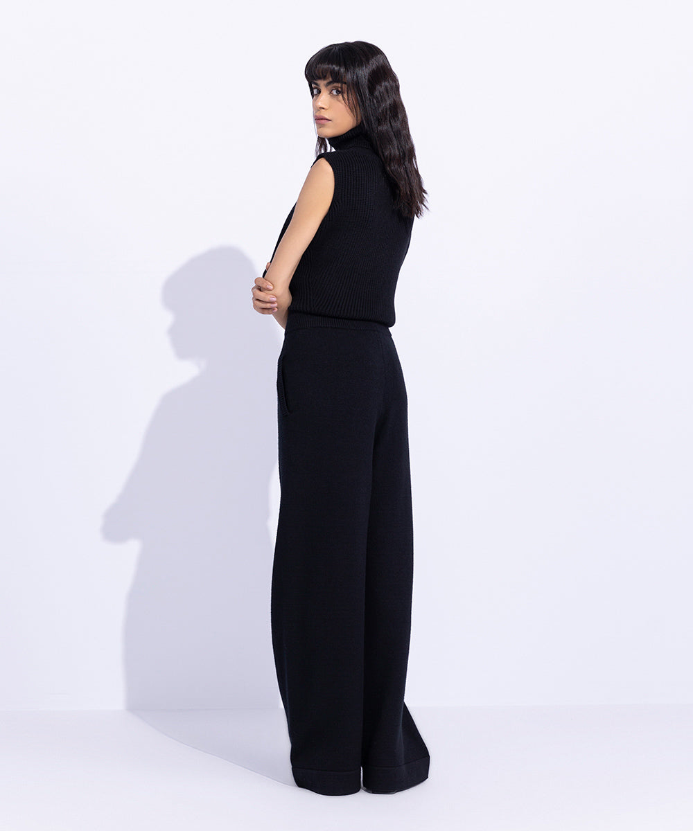 Women's Western Wear Black Long Knitted Trousers With Pockets