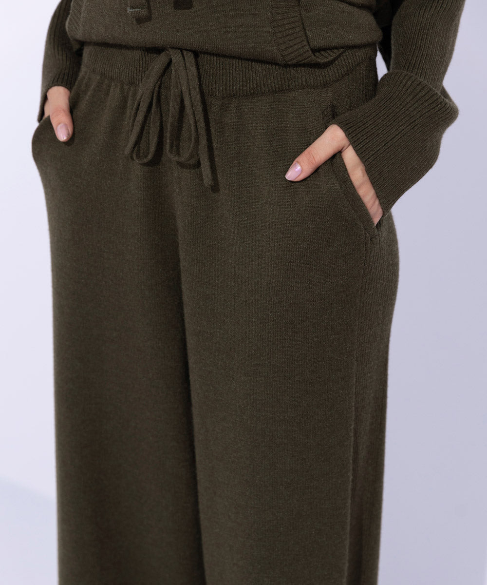 Women's Western Wear Brown Knitted Trousers With Side Rib Detail