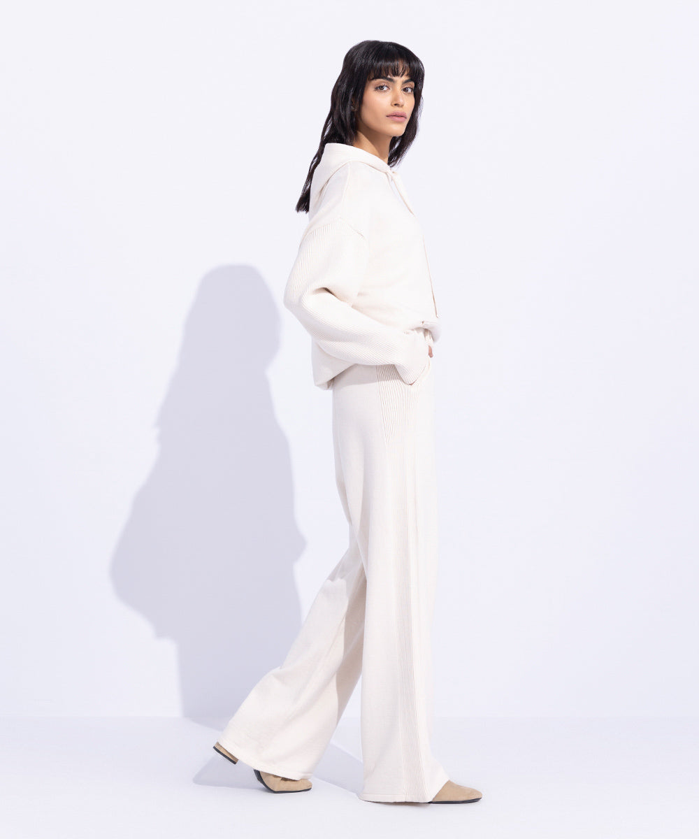 Women's Western Wear Off White Knitted Trousers With Side Rib Detail