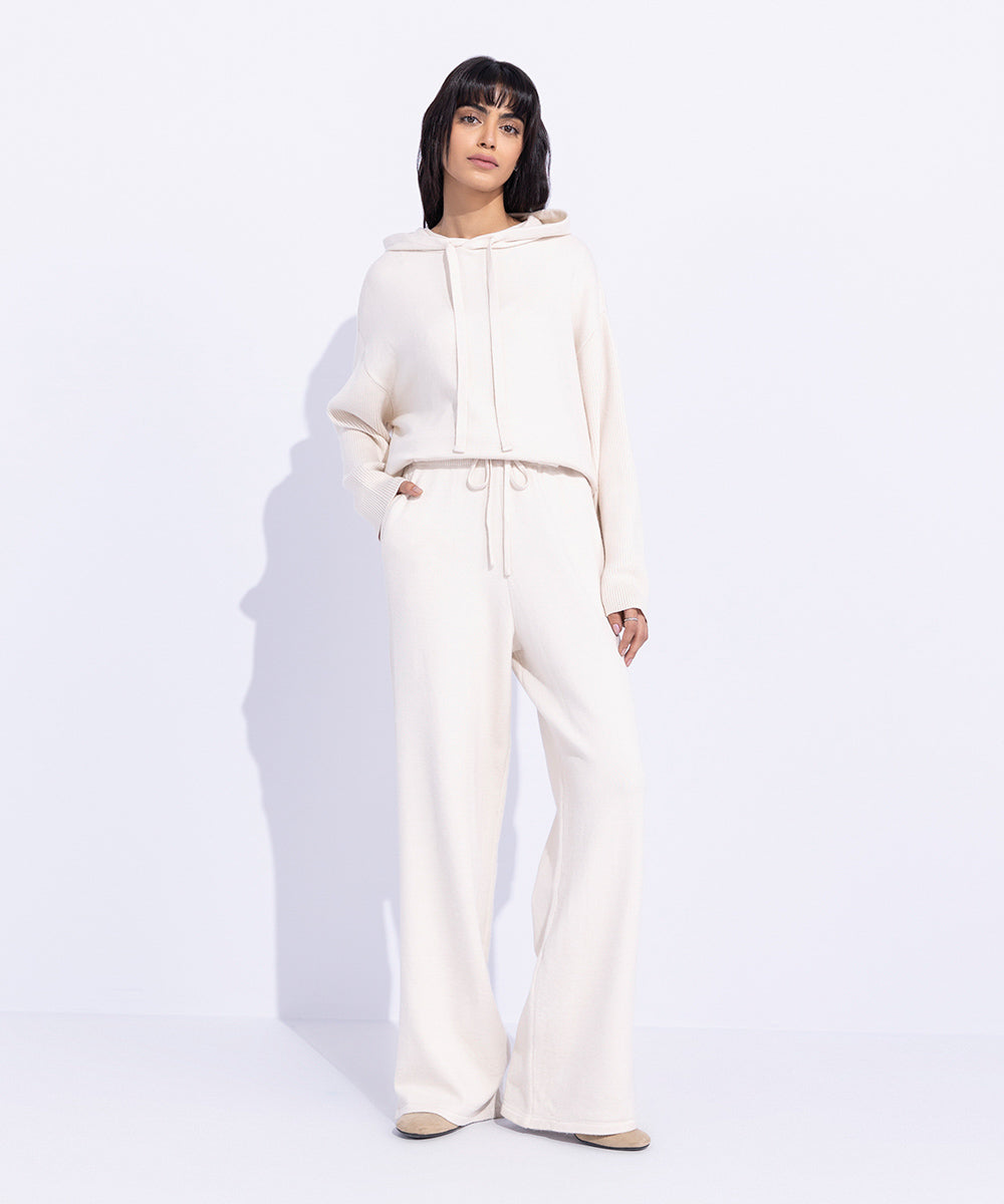 Women's Western Wear Off White Knitted Trousers With Side Rib Detail