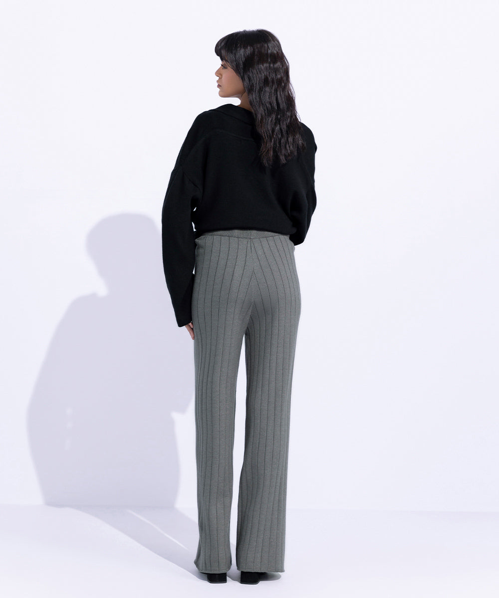 Women's Western Wear Grey Rib Knitted Trousers