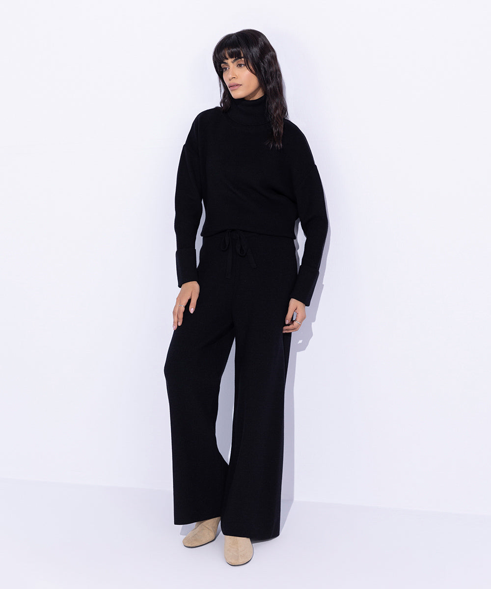 Women's Western Wear Black Ribbed Knitted Trousers