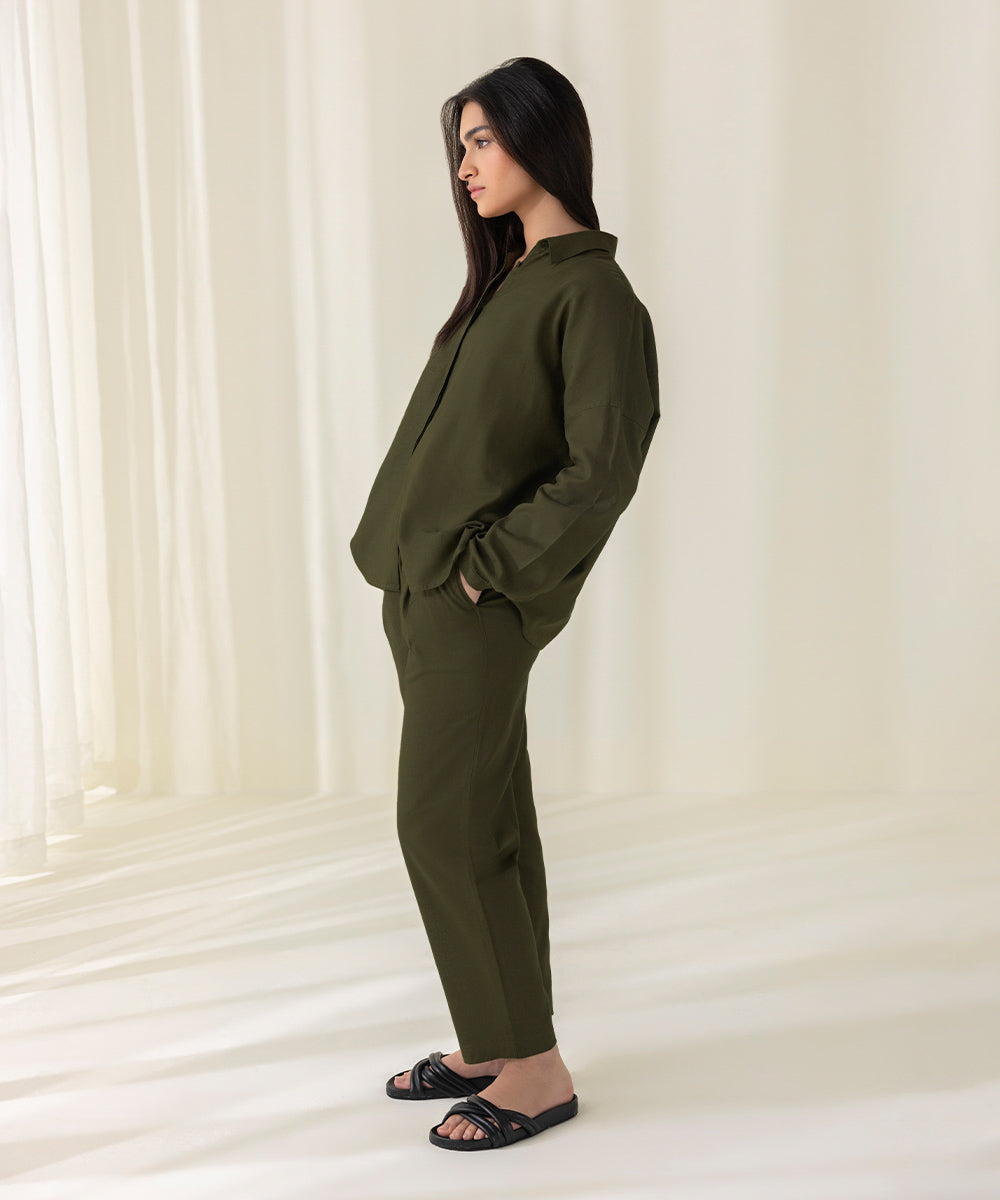 Women's West Olive Pull On Loose Fit Linen Trousers