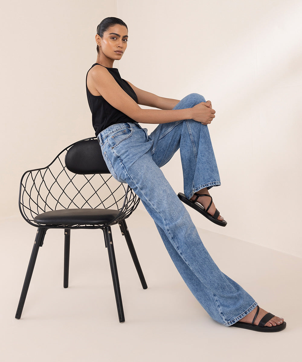 Women's Western Wear Blue Wide-Leg Jeans