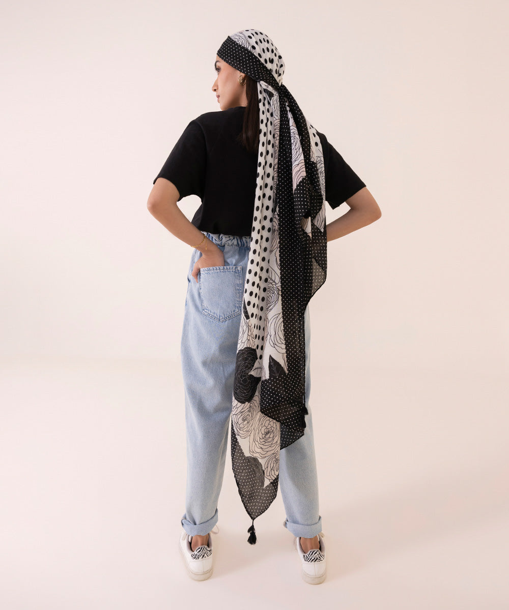 Women's Polyester Lightweight Printed Black and White West Scarf