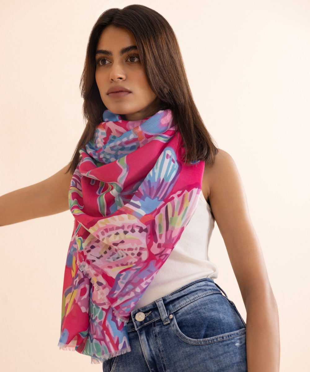 Women's Barbie Pink Lightweight Printed Polyester Scarf 