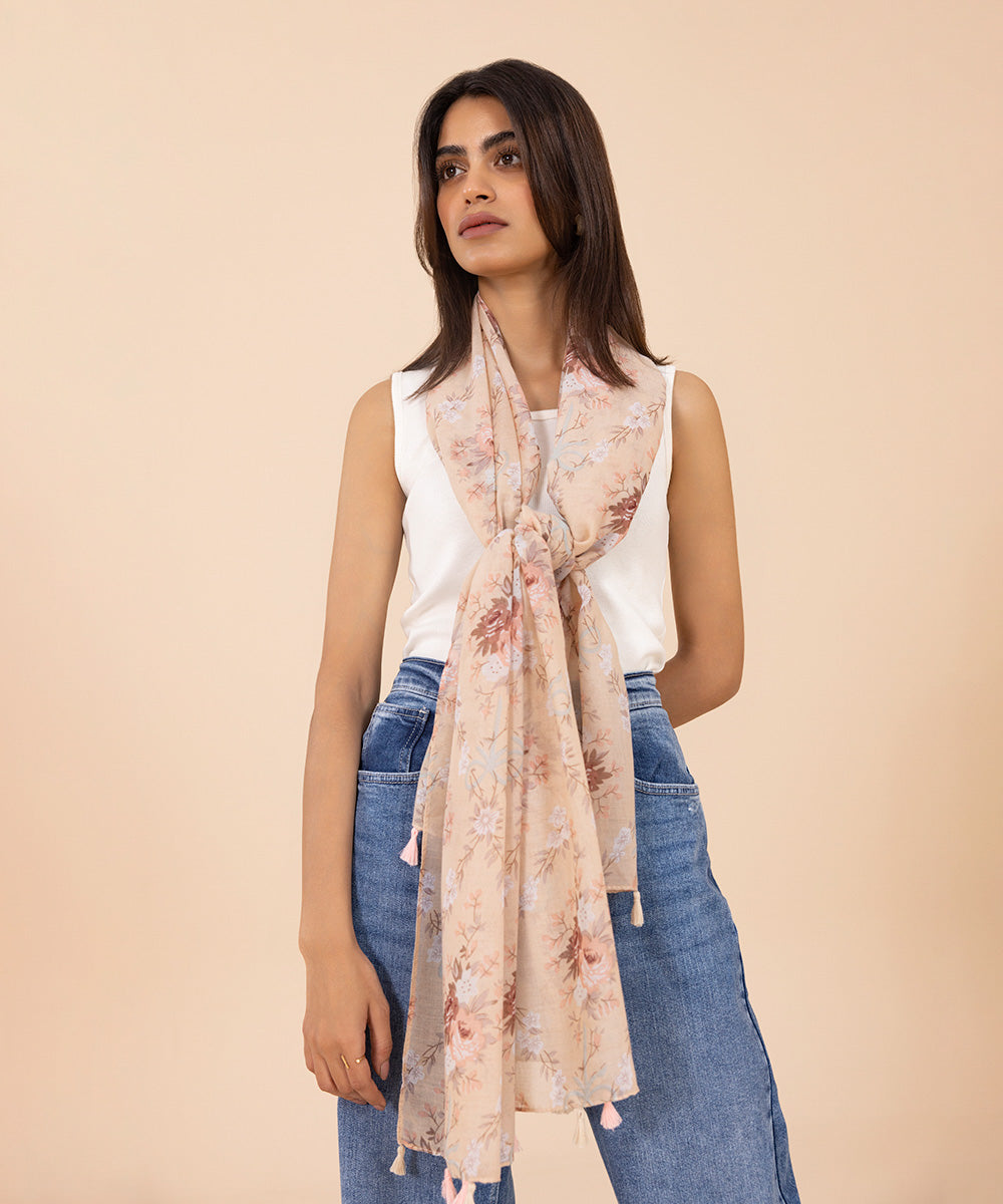 Women's Peach and Brown Lightweight Printed Polyester Scarf 