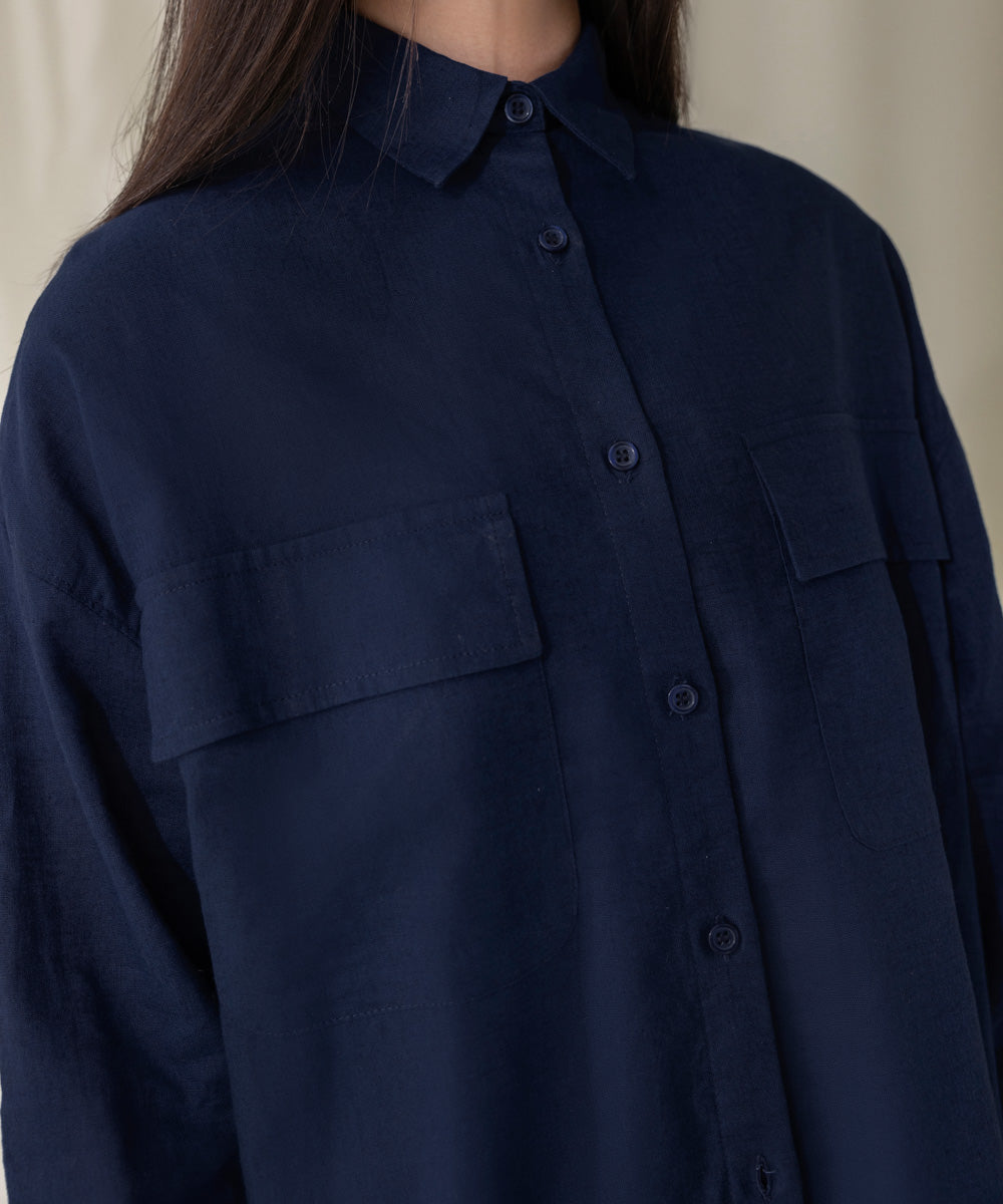 Women's West Navy Oversized Button Down Linen Shirt