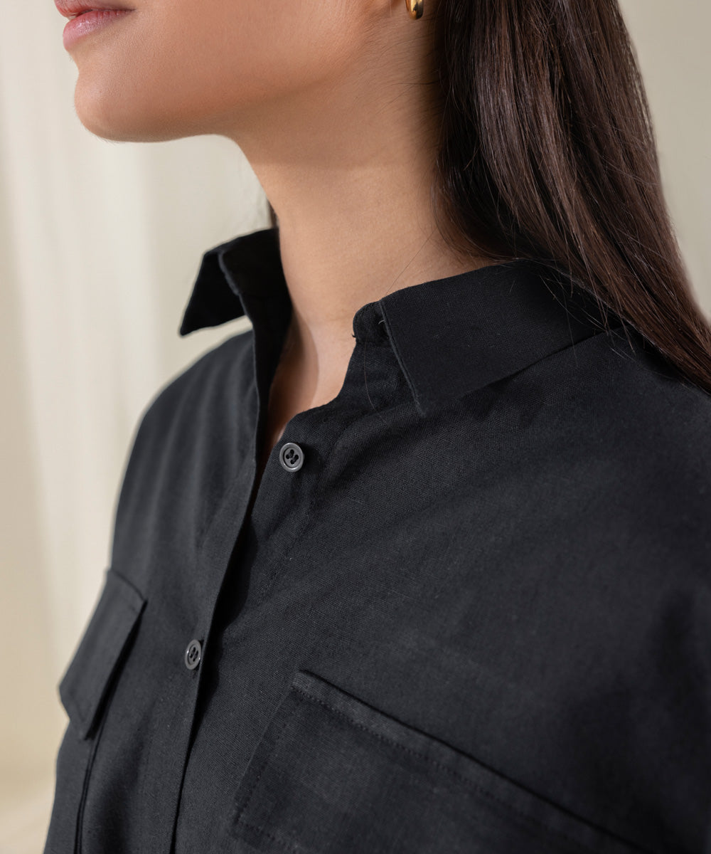 Women's West Black Oversized Button Down Linen Shirt