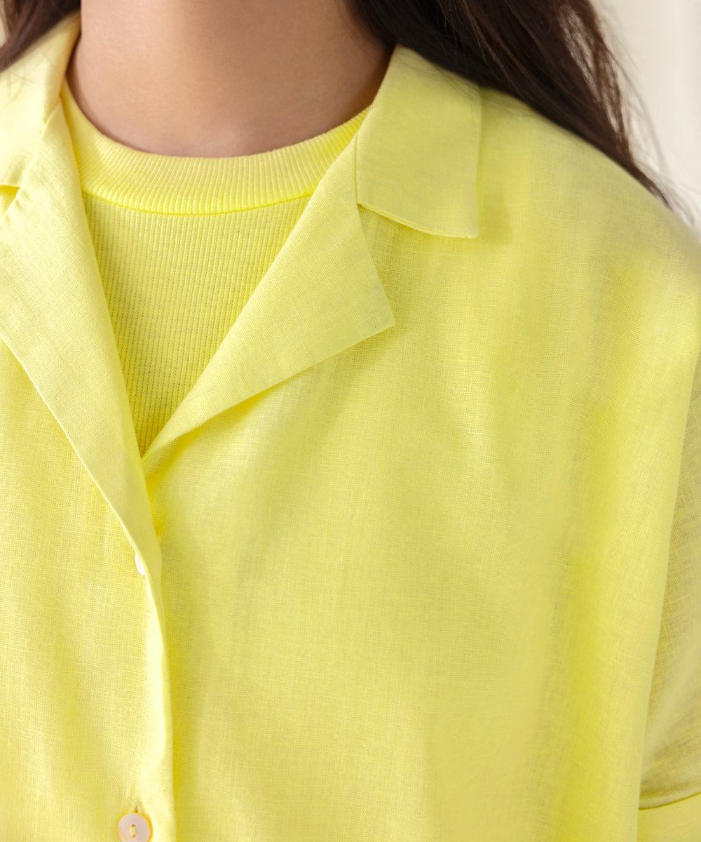 Women's West Yellow Button Down Linen Shirt