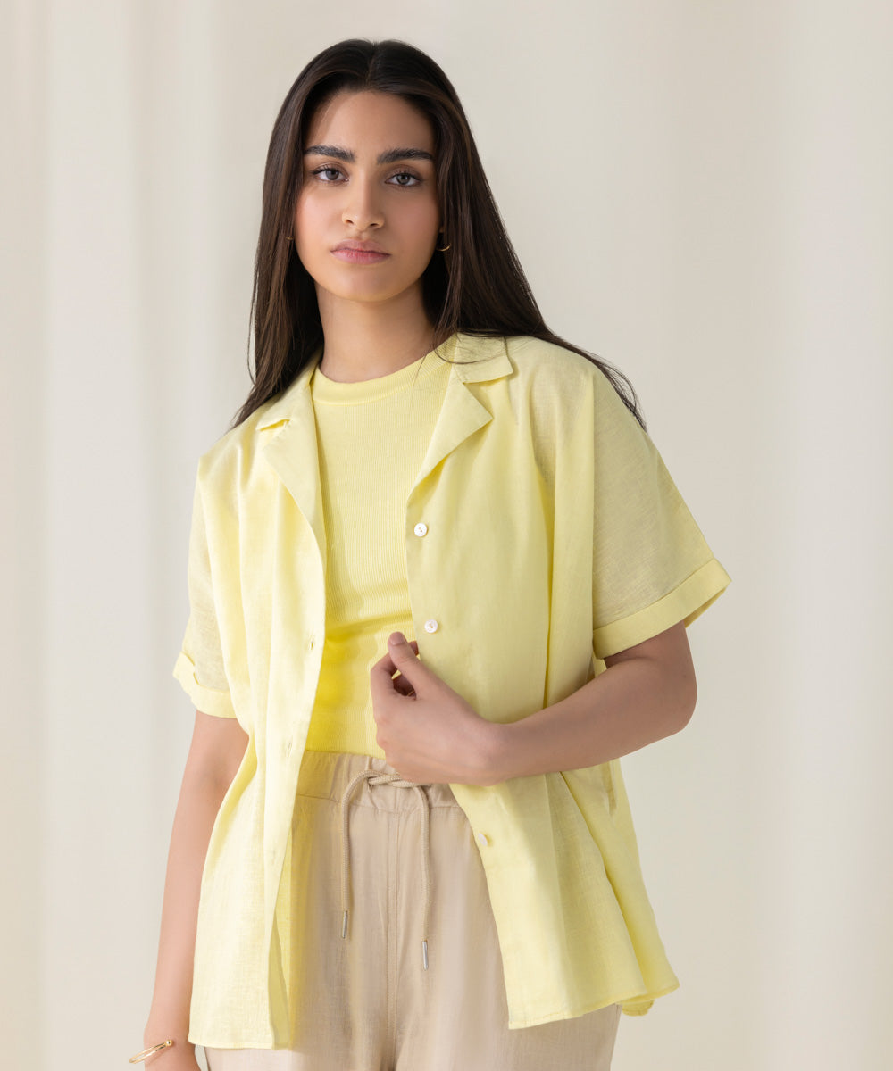 Women's West Yellow Button Down Linen Shirt