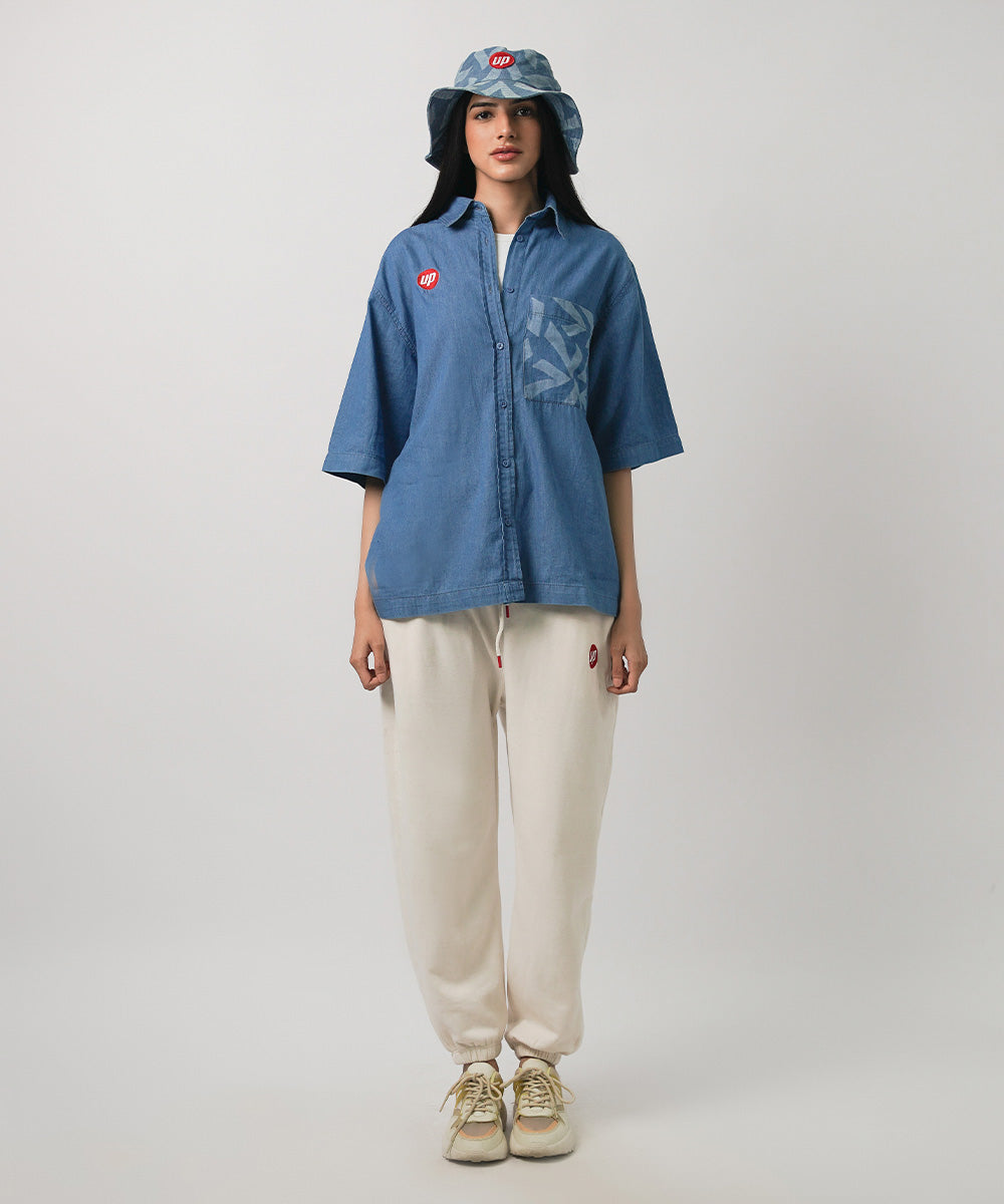 Women's West Blue Denim Shirt With Tonal Print
