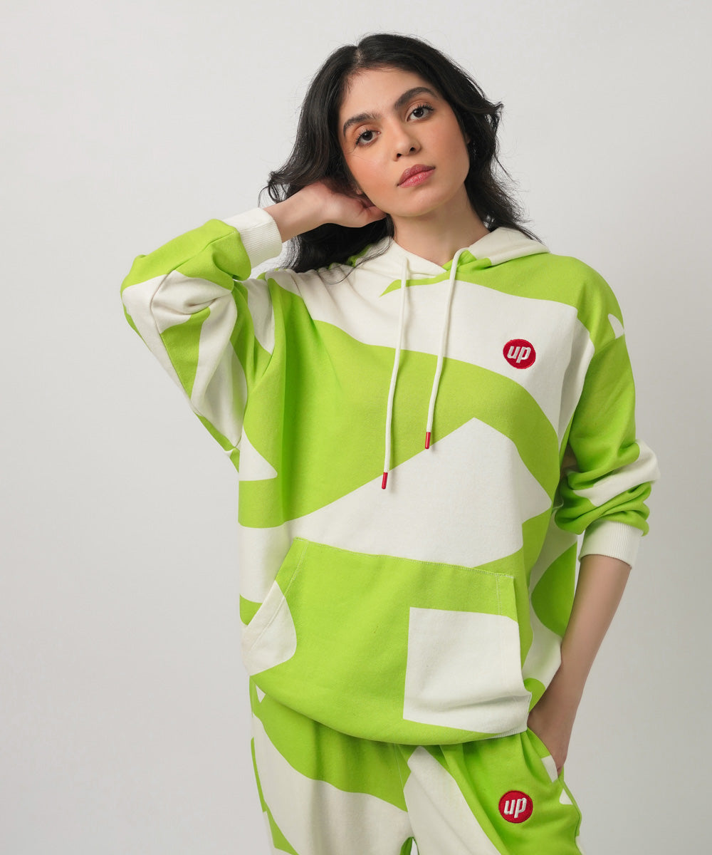 Women's West White and Green Printed Hoodie