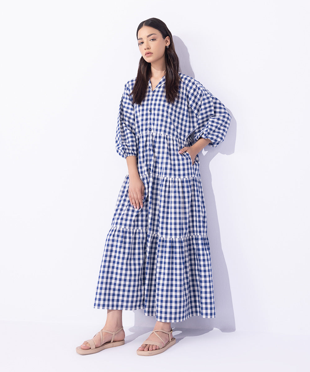 Women's Western Wear Blue Gingham Tier Dress