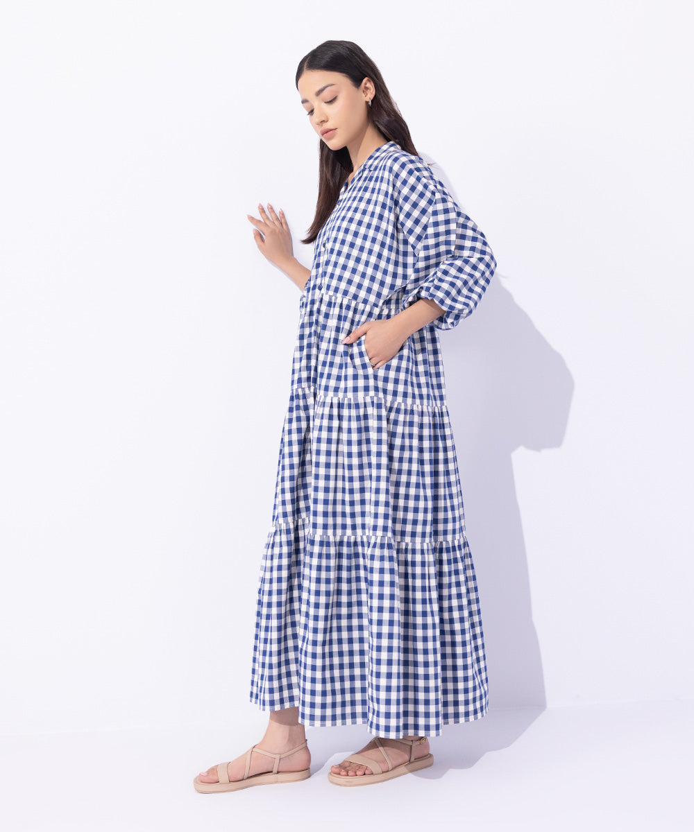 Women's Western Wear Blue Gingham Tier Dress