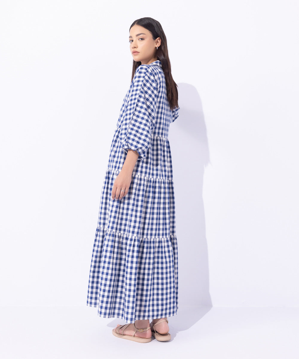 Women's Western Wear Blue Gingham Tier Dress