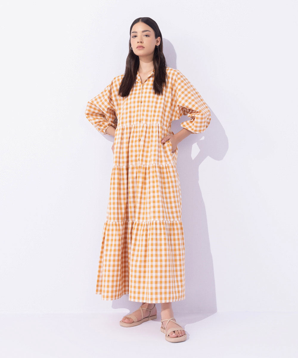 Women's Western Wear Orange Gingham Tier Dress