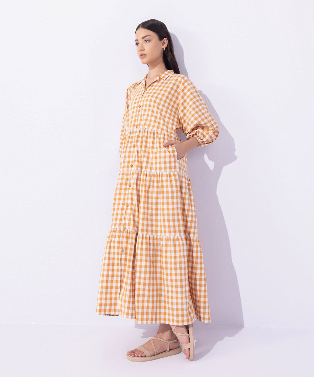 Women's Western Wear Orange Gingham Tier Dress