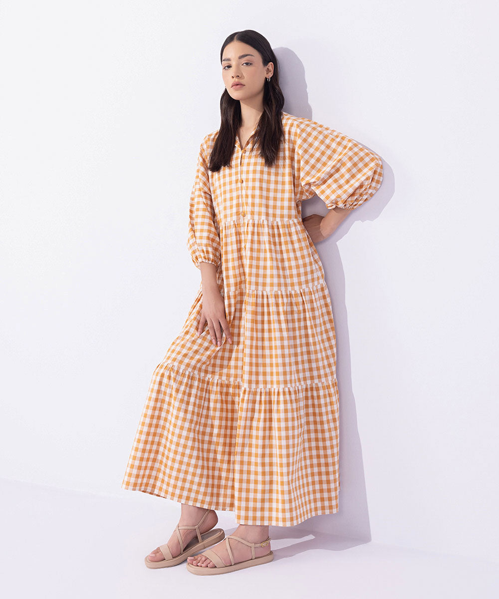 Women's Western Wear Orange Gingham Tier Dress