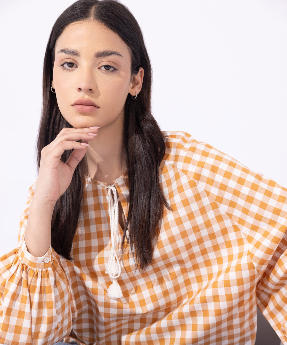 Women's Western Wear Orange Loose-Fit Gingham Top