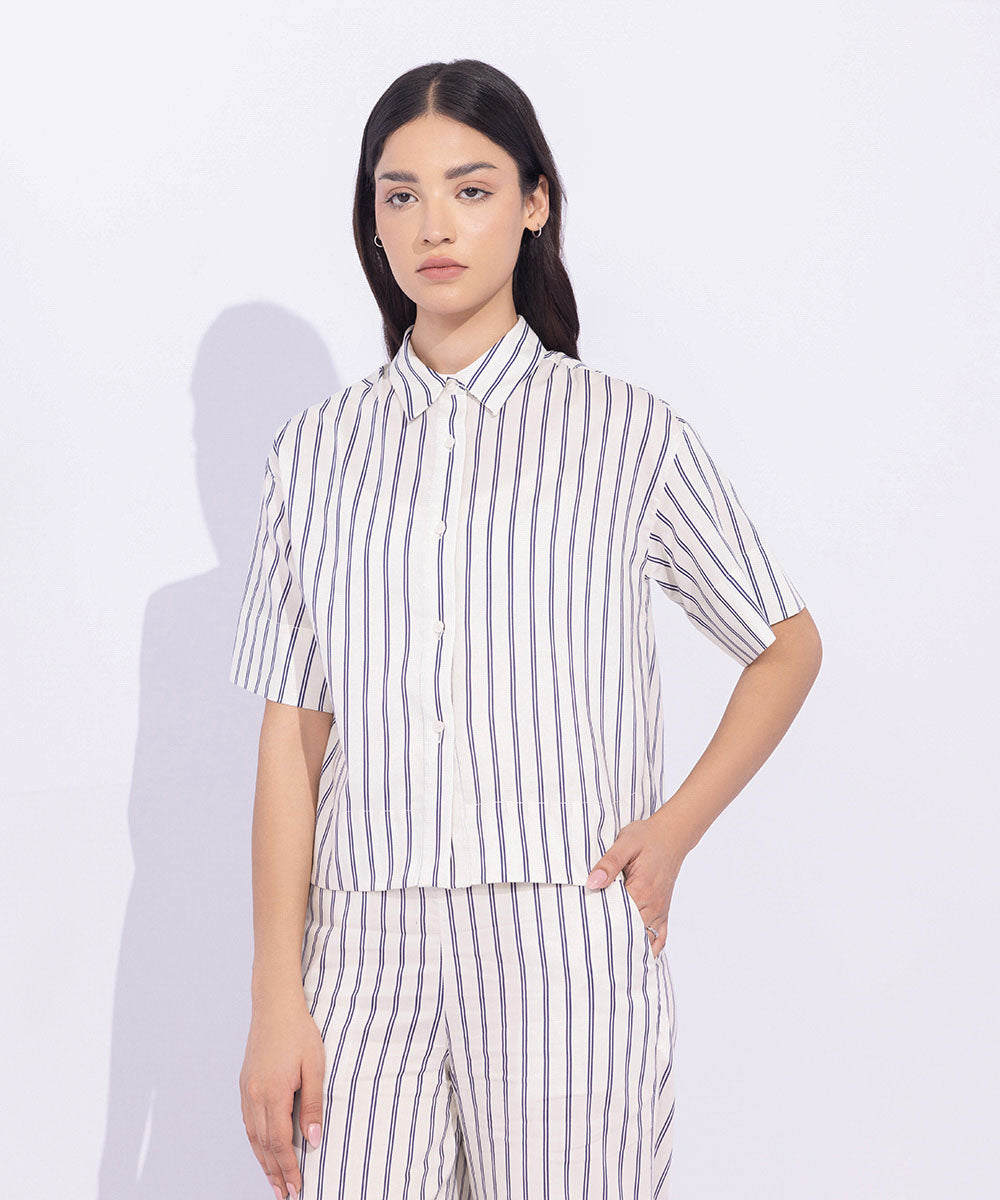 Women's Western Wear White Short Sleeved Striped Shirt 