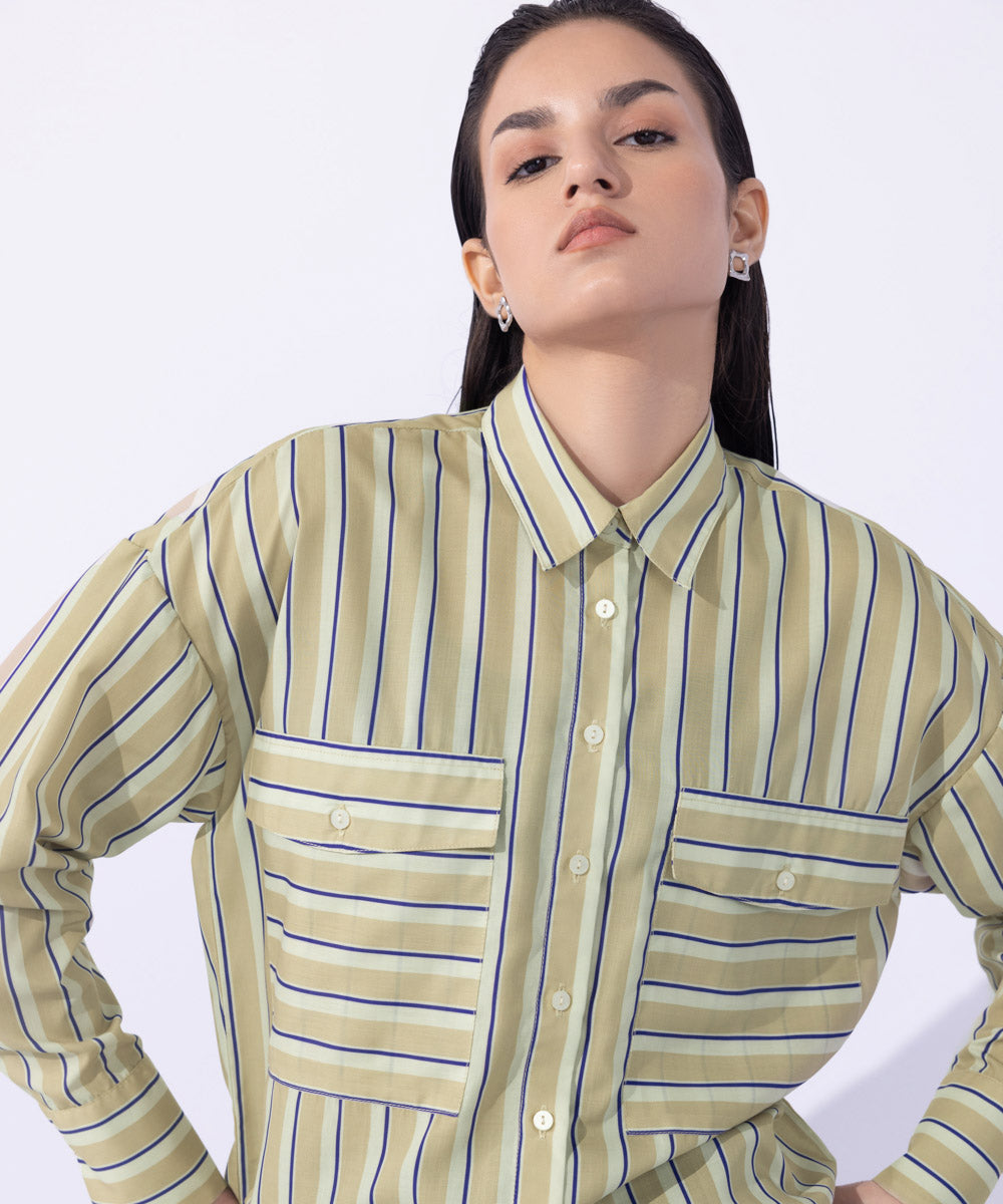 Women's Western Wear Multi Oversized Striped Shirt With Pockets