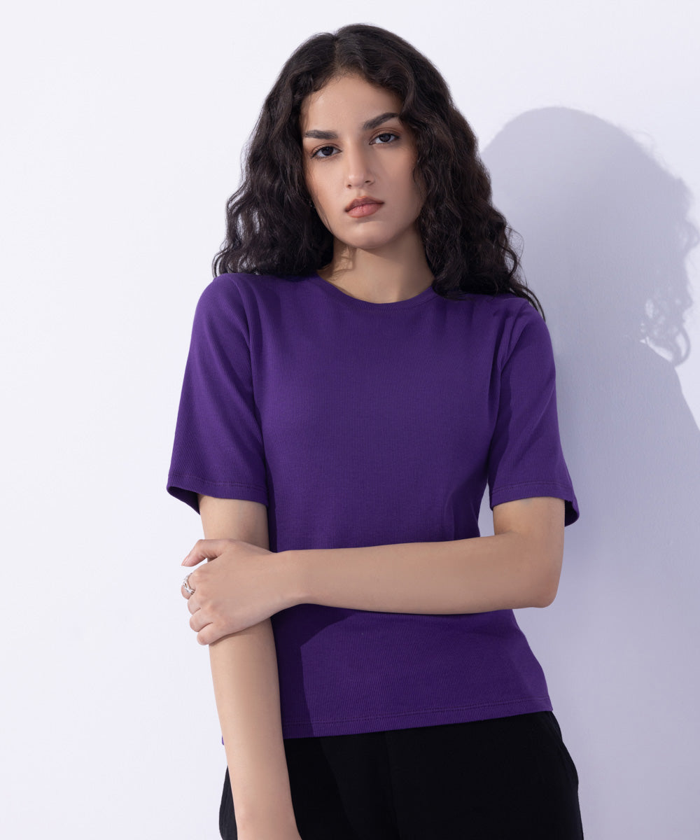 Women's Western Wear Purple Slim-Fit Ribbed Top