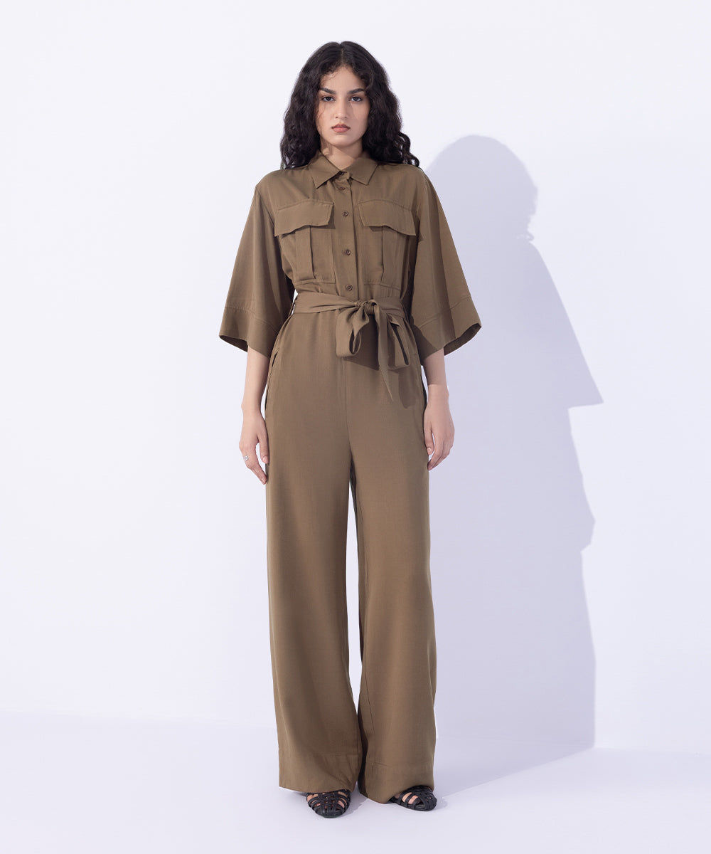 Women's Western Wear Brown Jumpsuit With Belt.