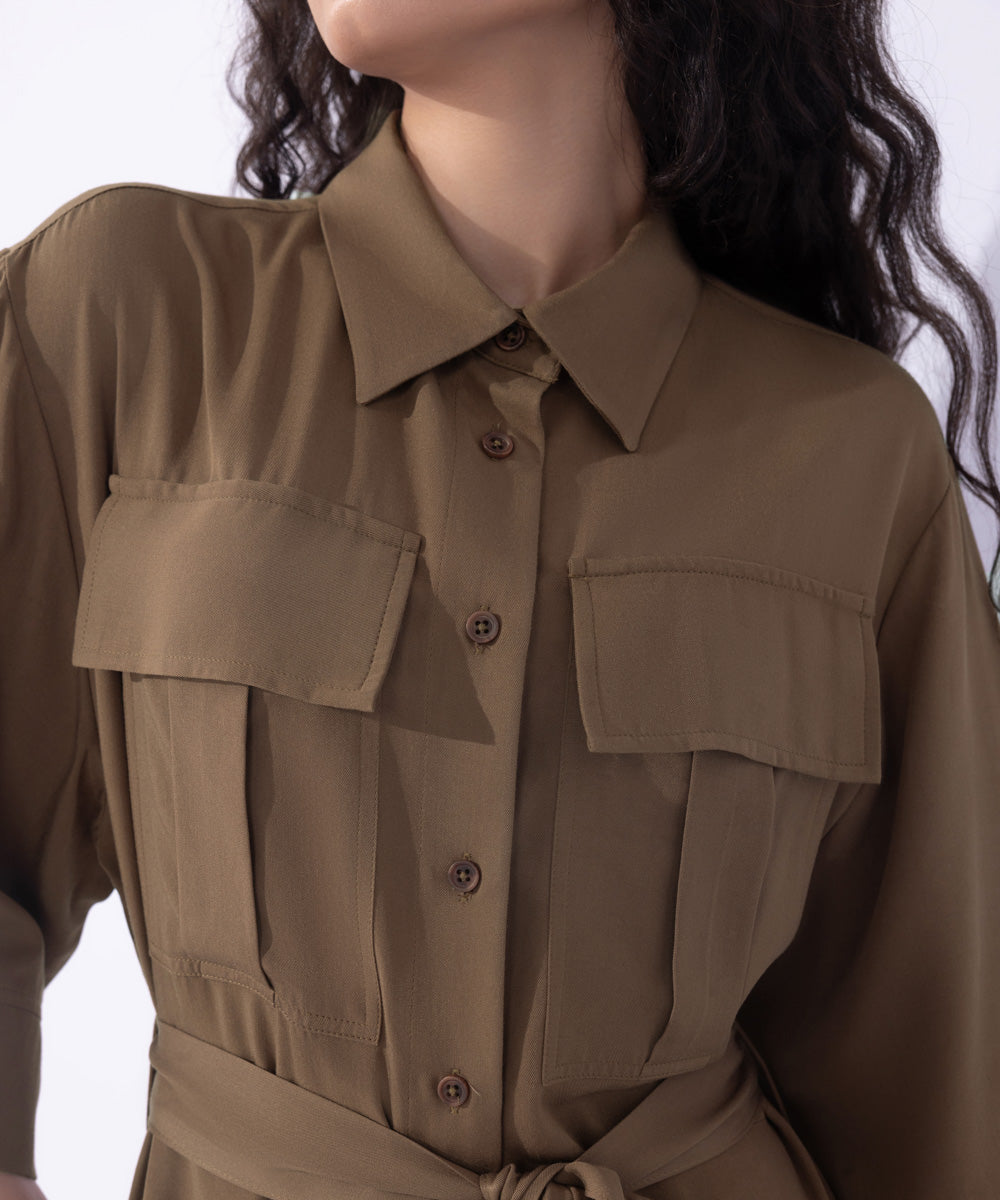 Women's Western Wear Brown Jumpsuit With Belt.