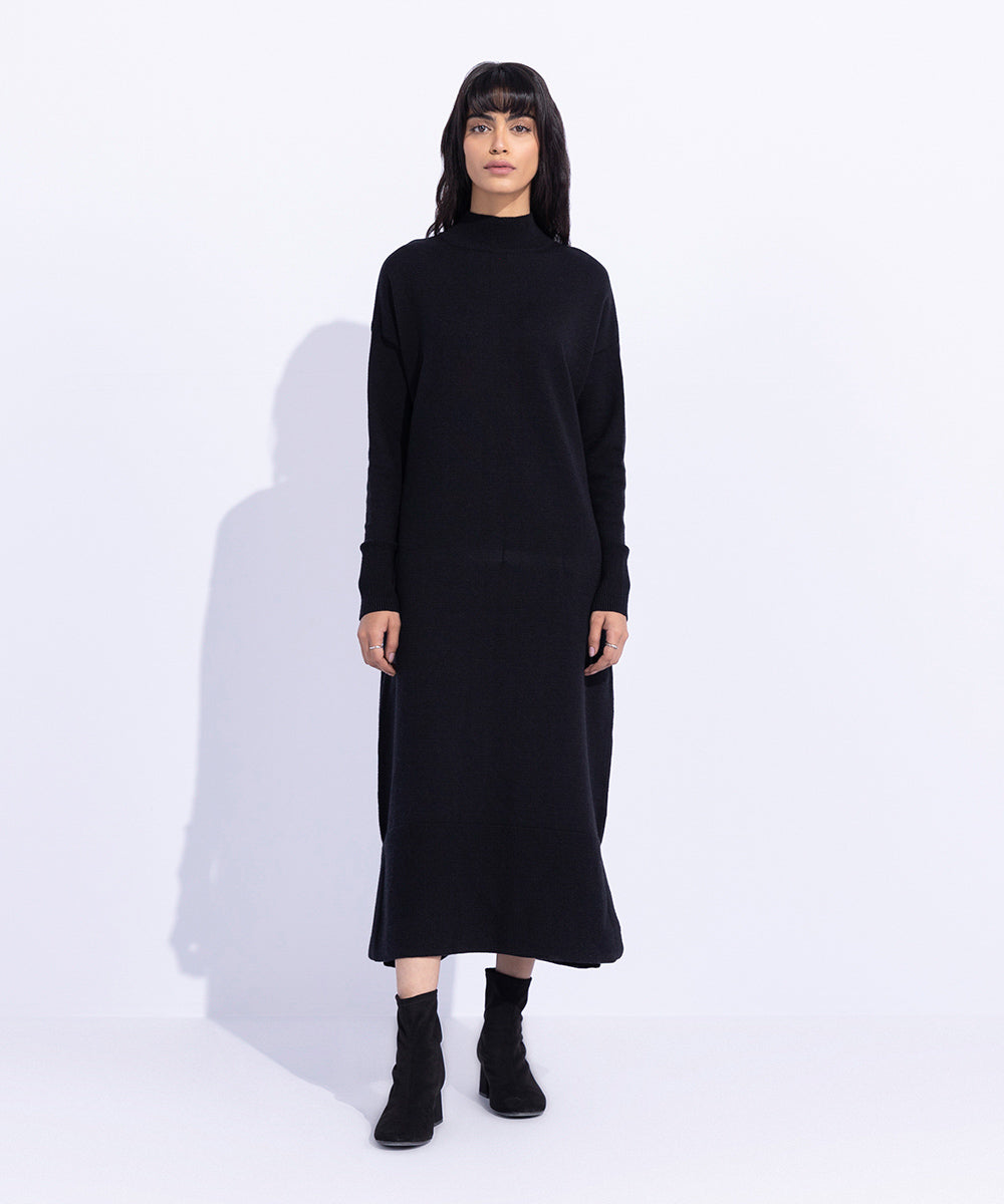 Women's Western Wear Black Long Knitted Sweater Dress