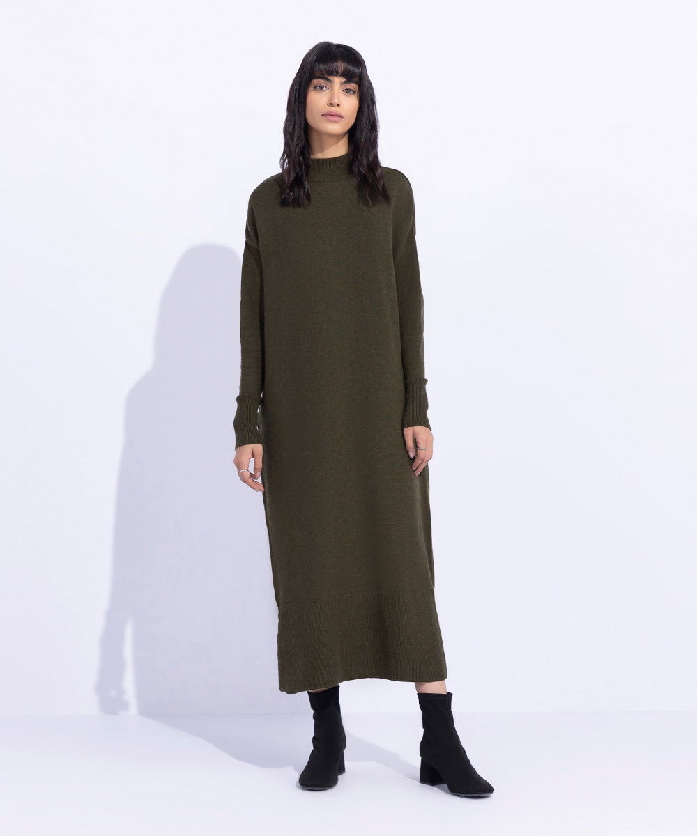 Women's Western Wear Green Long Knitted Sweater Dress