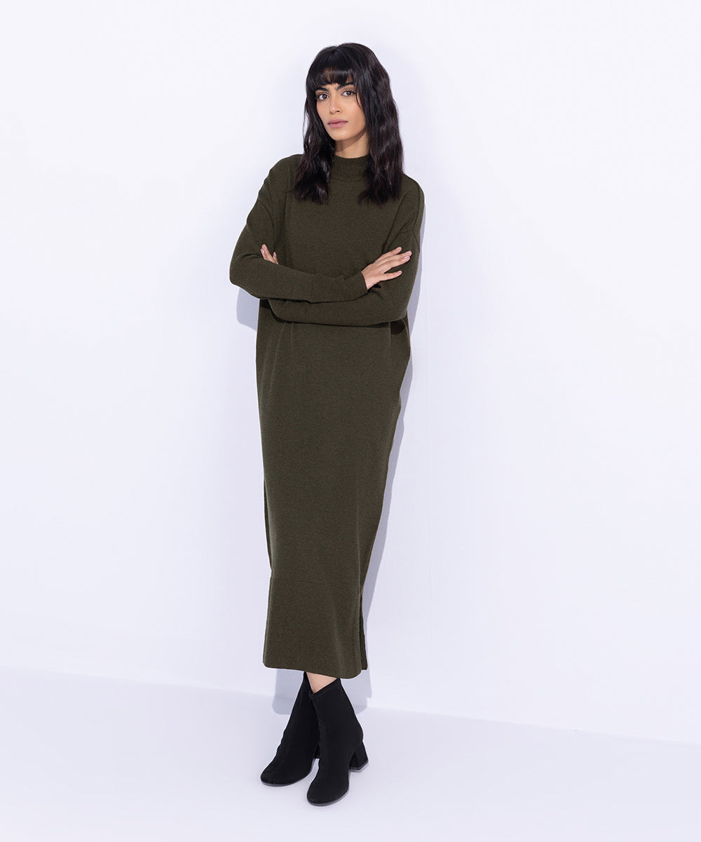 Women's Western Wear Green Long Knitted Sweater Dress