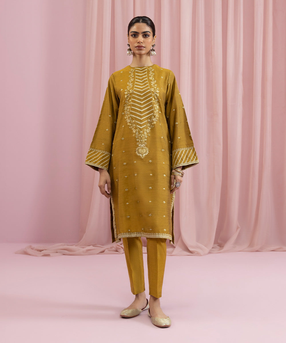 Womens Eid Pret Yellow Embroidered Cotton Silk Two Piece Suit