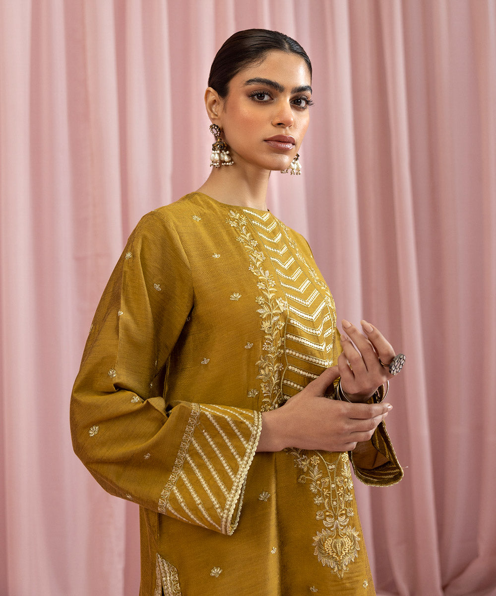 Womens Eid Pret Yellow Embroidered Cotton Silk Two Piece Suit