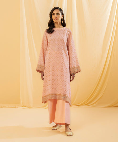 Women's Eid Peach Printed Jacquard Unstitched Shirt Only