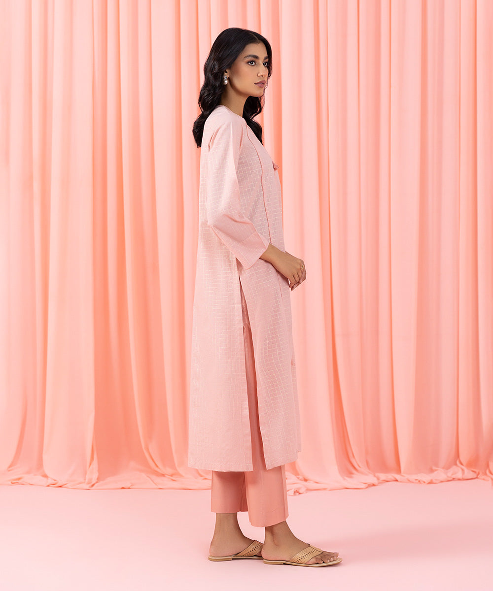 Womens Eid Pret Pink Yarn Dyed Cotton Two Piece Suit