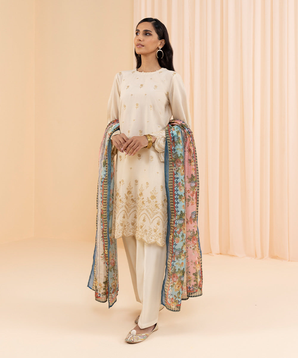 Womens Eid Pret Beige Embroidered Lawn Two Piece Suit