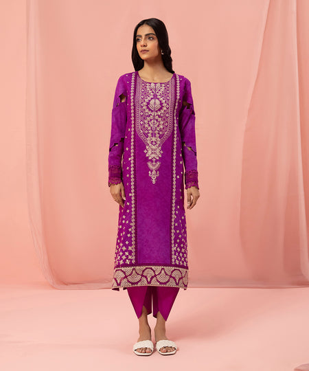Women's Eid Magenta Embroidered Jacquard Unstitched Shirt Trousers
