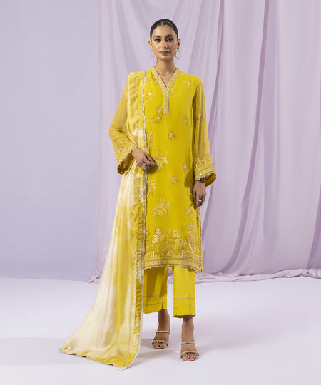 Women's Eid Yellow Embroidered Chiffon Unstitched Three Piece Suit