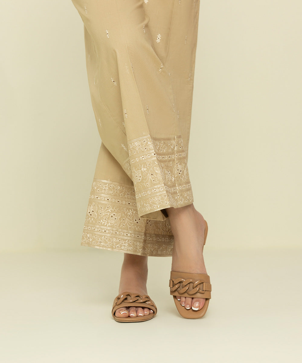 Womens Eid Pret Beige Embroidered Cambric Trousers