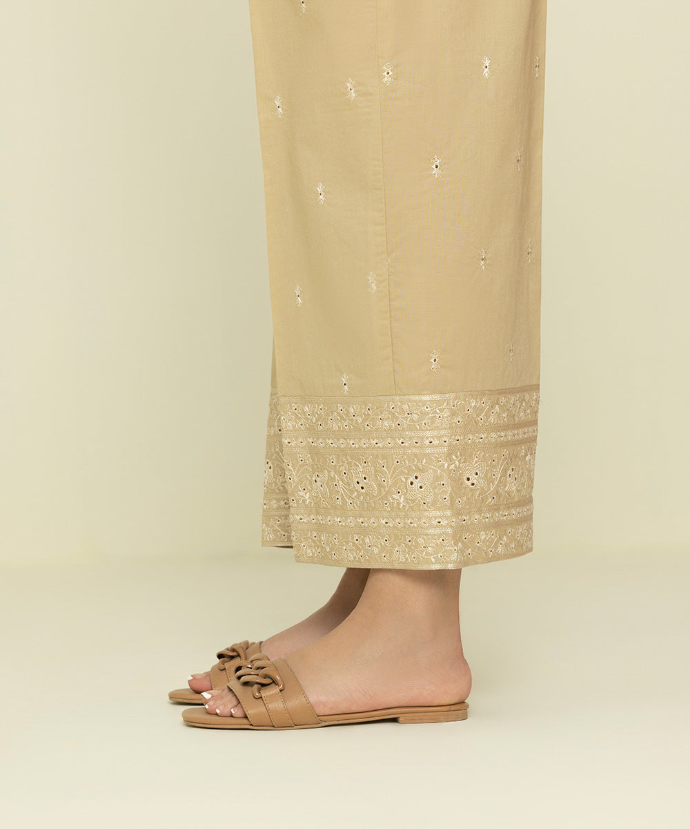 Womens Eid Pret Beige Embroidered Cambric Trousers